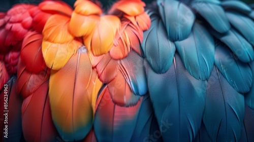 Close-up of vibrant macaw feathers, colorful bird plumage. Nature and wildlife concept