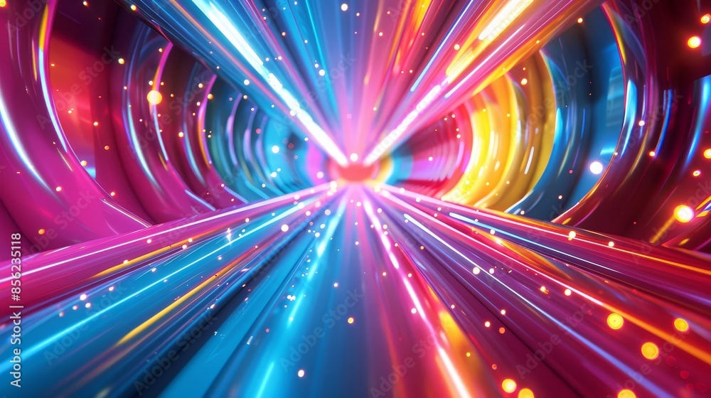 A colorful, neon-lit tunnel with a bright blue and red stripe A colorful, neon-lit tunnel with a bright blue and red stripe