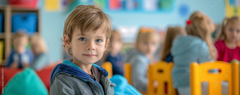 A young boy with a soft smile is pictured in a colorful classroom environment, with other children blurred in the background A young boy with a soft smile is pictured in a colorful classroom environment, with other children blurred in the background