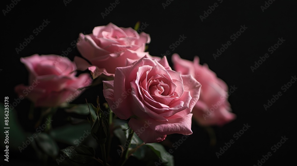 Macro photo of pink roses in focus against a black backdrop Macro photo of pink roses in focus against a black backdrop