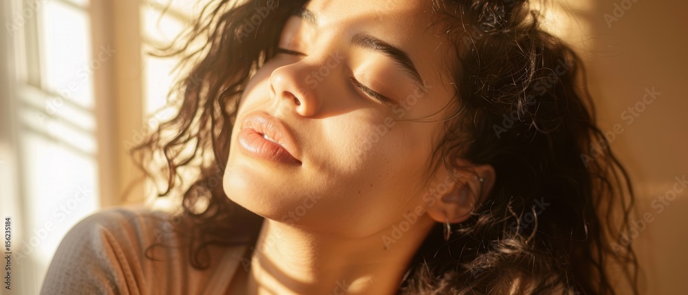 A thoughtful young woman is bathed in the warm glow of sunlight filtering through a window, creating a contemplative mood A thoughtful young woman is bathed in the warm glow of sunlight filtering through a window, creating a contemplative mood