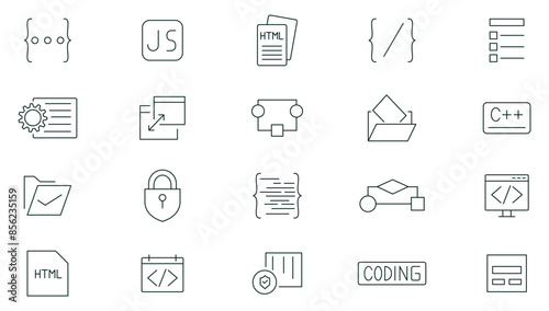 Programming and coding line icons set. Information technology, software development, code, API, web development, website, cloud, app, data, software,  build, program, developer outline icon collection