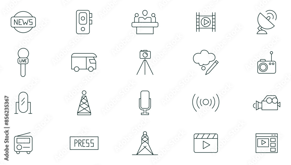 Journalism and mass media line icon set. News, microphone, typewriter, TV show, journalist, office, news reporter, press conference and newspaper stroke icons collection. Journalism and mass media line icon set. News, microphone, typewriter, TV show, journalist, office, news reporter, press conference and newspaper stroke icons collection.