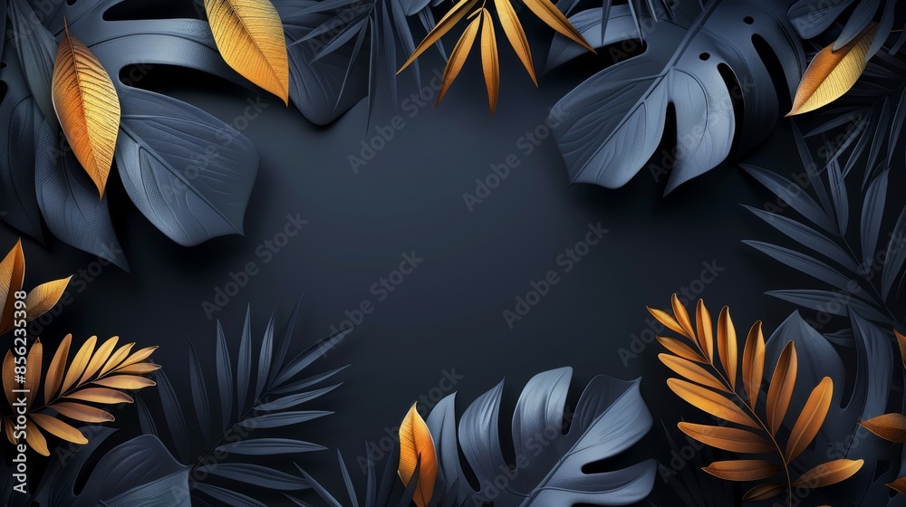Golden and blue tropical leaves on a dark background with copy space. Perfect for summer or nature themed projects. Golden and blue tropical leaves on a dark background with copy space. Perfect for summer or nature themed projects.