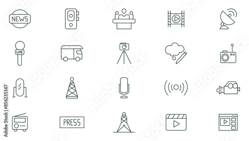 Journalism and mass media line icon set. News, microphone, typewriter, TV show, journalist, office, news reporter, press conference and newspaper stroke icons collection.