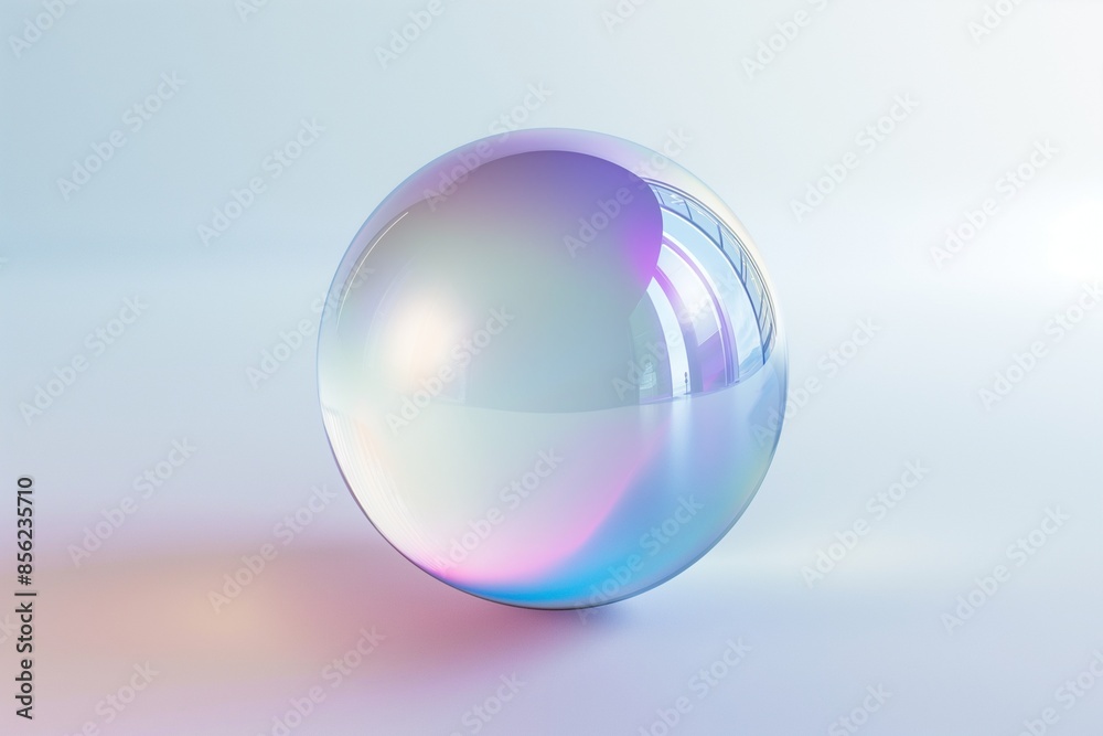 3D rendering of an iridescent glass sphere floating on a pristine white background, showcasing shimmering colors and reflections 3D rendering of an iridescent glass sphere floating on a pristine white background, showcasing shimmering colors and reflections