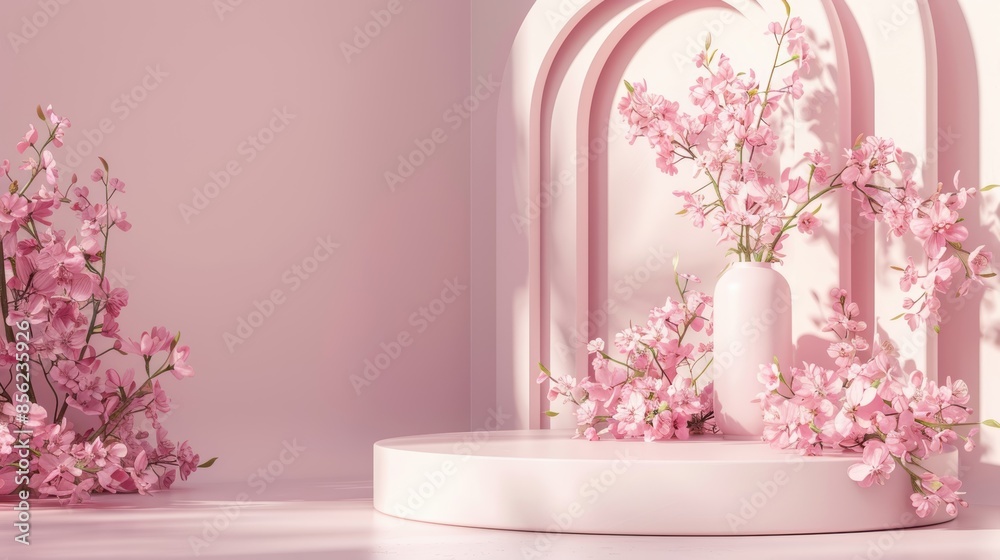 Elegant product display podium adorned with pastel pink flowers, creating a soft and inviting atmosphere for branding and packaging mockups Elegant product display podium adorned with pastel pink flowers, creating a soft and inviting atmosphere for branding and packaging mockups