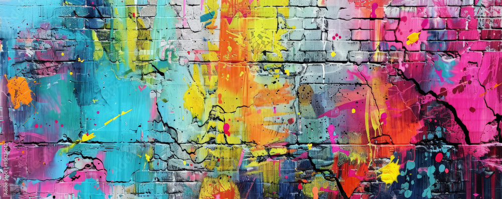 Fototapeta premium A colorful graffiti wall background with bold splashes of paint and urban textures. The rough, layered surface gives an edgy, street art vibe.