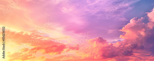 A colorful sunset sky background with gradients of orange, pink, and purple. The textured clouds and soft lighting create a serene and picturesque scene.