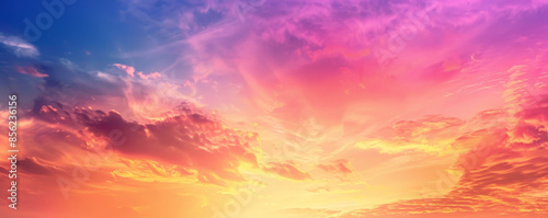 A colorful sunset sky background with gradients of orange, pink, and purple. The textured clouds and soft lighting create a serene and picturesque scene.