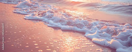 A serene beach sunset background with warm orange and pink hues, gentle waves, and textured sand. The peaceful, picturesque view creates a relaxing, tranquil scene.