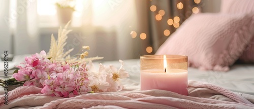 Relaxing home decor with a lit aroma candle, pink bedding, and a floral arrangement, perfect for a wellness and comfort concept