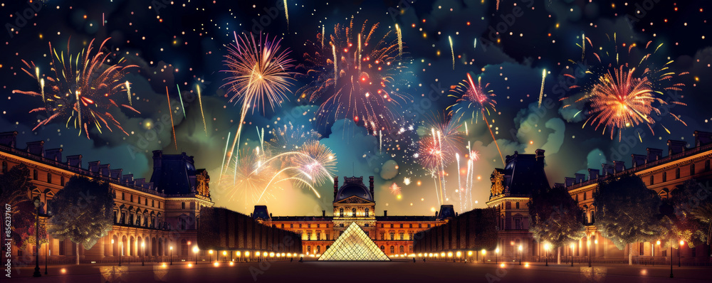 Obraz premium Bastille Day background with a night scene of fireworks over the Louvre Museum.