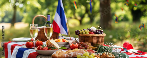 Bastille Day background with a festive picnic in a French park, with tricolor decorations and festive food. photo