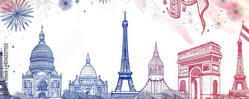 Bastille Day background with a hand-drawn style featuring iconic French landmarks and festive decorations.