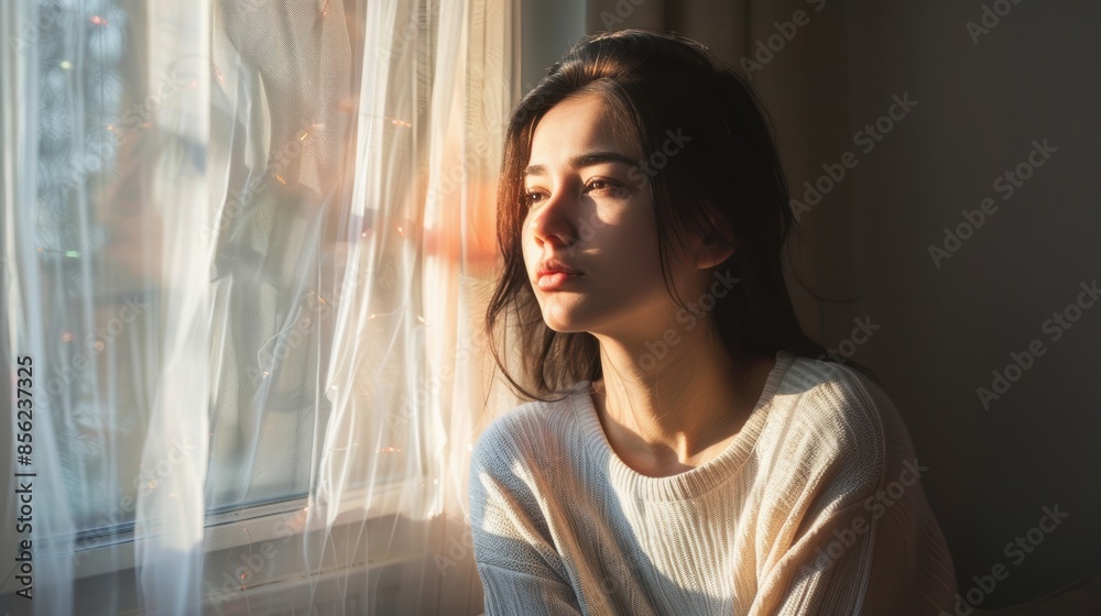 Young woman sitting by the window, sunlight streaming in, lost in deep thought and reflection Young woman sitting by the window, sunlight streaming in, lost in deep thought and reflection
