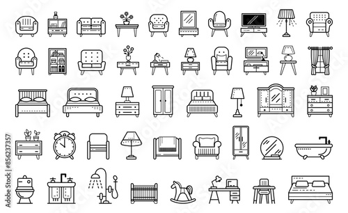 A collection of various furniture icons in a minimalistic, black-and-white line art style on a white background. Vector illustration
