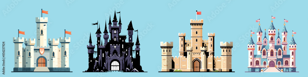 Four different castle designs, flat graphic style, light blue background. Concept of fantasy architecture. Vector illustration Four different castle designs, flat graphic style, light blue background. Concept of fantasy architecture. Vector illustration