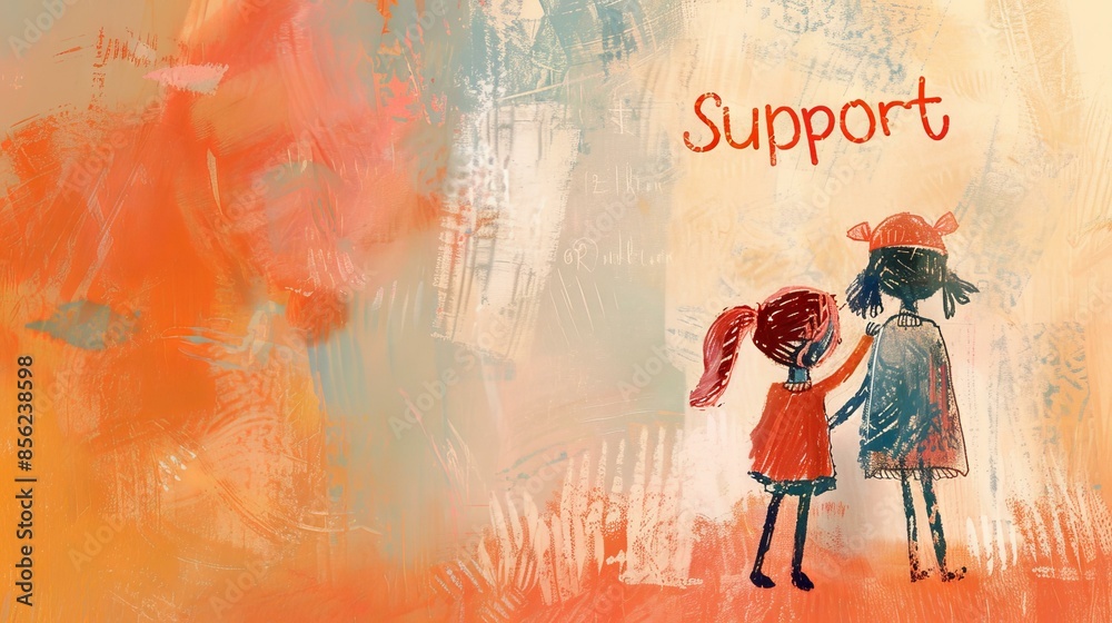 Support, friendship, and childhood illustration. Whimsical illustration of two young girls, symbolizing support, friendship and childhood, ideal for themes of friendship, care, and emotional support. Support, friendship, and childhood illustration. Whimsical illustration of two young girls, symbolizing support, friendship and childhood, ideal for themes of friendship, care, and emotional support.