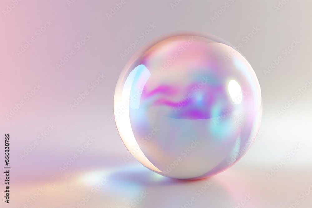 3D rendering of an iridescent glass sphere floating on a pristine white background, showcasing shimmering colors and reflections 3D rendering of an iridescent glass sphere floating on a pristine white background, showcasing shimmering colors and reflections