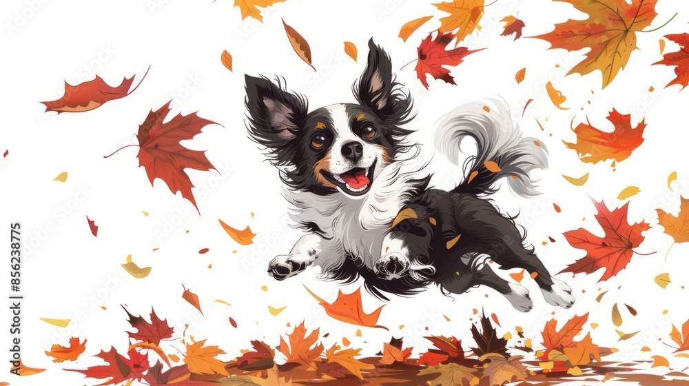 Obraz premium Dog playing in autumn leaves. Lively illustration of a dog joyfully playing in a pile of autumn leaves, capturing the essence of fall.