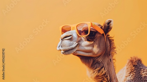 A camel wearing sunglasses with orange background