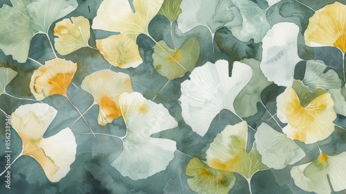 Watercolor Ginko Leaves on Dark Background for Nature Designs Generative AI