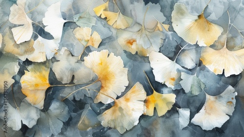 Watercolor Ginko Leaves on Dark Background for Nature Designs Generative AI