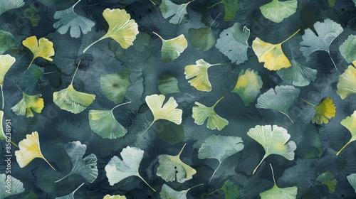 Watercolor Ginko Leaves on Dark Background for Nature Designs Generative AI