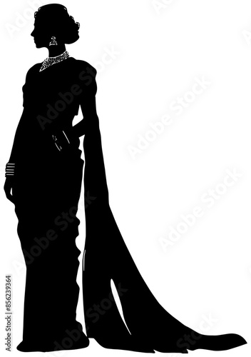 Silhouette in black of a woman wearing a Indian Saree, isolated 