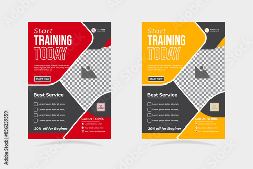 Professional Gym Fitness Flyer set, Brochure design, cover layout, annual report, poster, flyer in A4 with business proposal, promotion, advertise, body builder template.