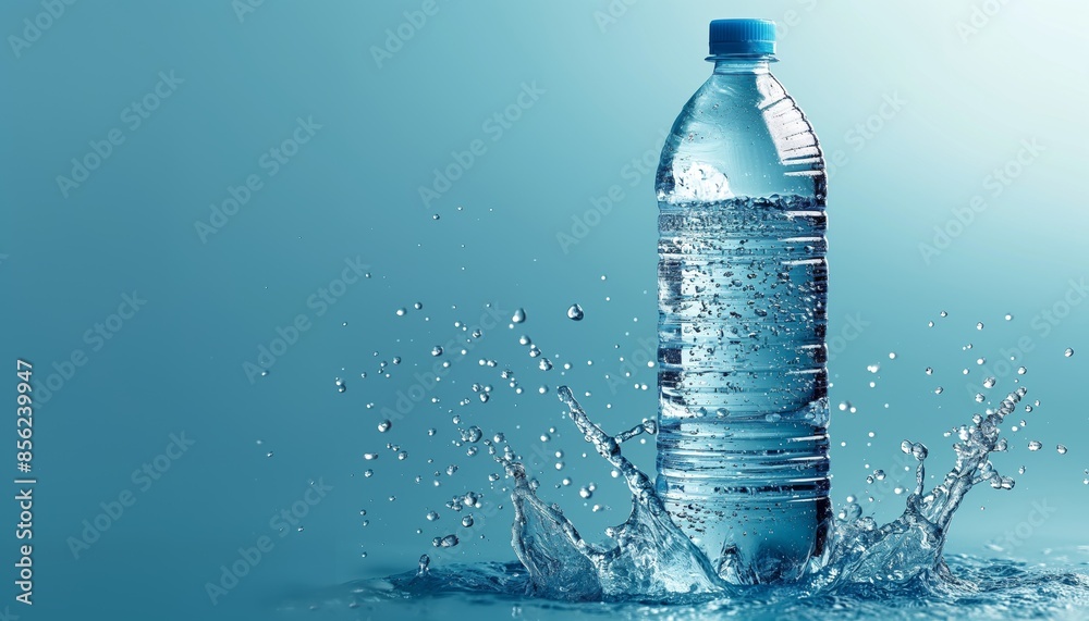 Sparkling water splashes around a clear plastic bottle, creating a dynamic and refreshing image on a blue background Sparkling water splashes around a clear plastic bottle, creating a dynamic and refreshing image on a blue background