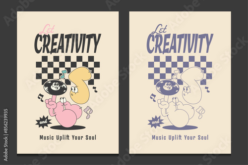 retro 70s poster or graphic t-shirt design with cute mascot cartoon character, vector illustration..