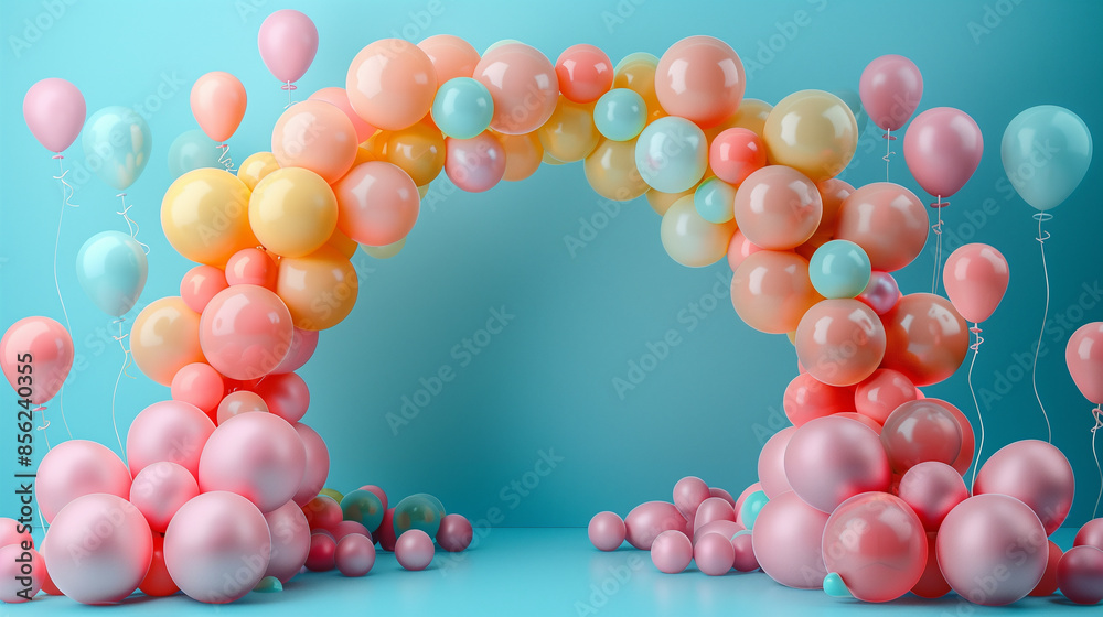 A colorful balloon archway made of pastel pink, yellow, and blue balloons against a light blue background A colorful balloon archway made of pastel pink, yellow, and blue balloons against a light blue background