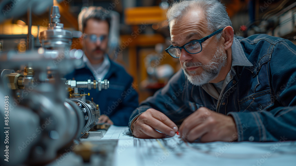 An older engineer, wearing glasses, carefully examines a blueprint while leaning over a large, intricate industrial machine An older engineer, wearing glasses, carefully examines a blueprint while leaning over a large, intricate industrial machine