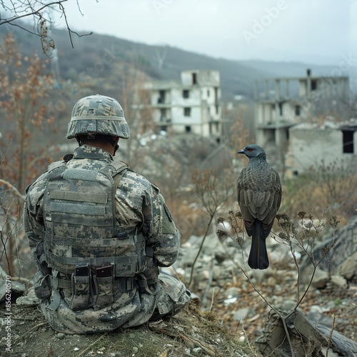 two soldiers are sitting on the ground near a building photo