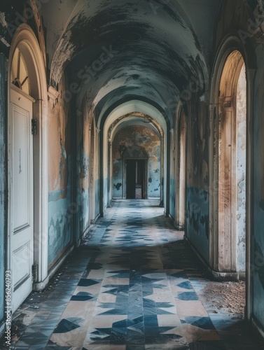 a long hallway with a light shining through it