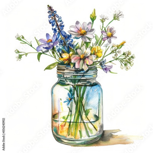 Vibrant wildflower bouquet in jar, ideal for rustic decor. Colorful mix of yellow, blue, pink blooms with natural twine photo