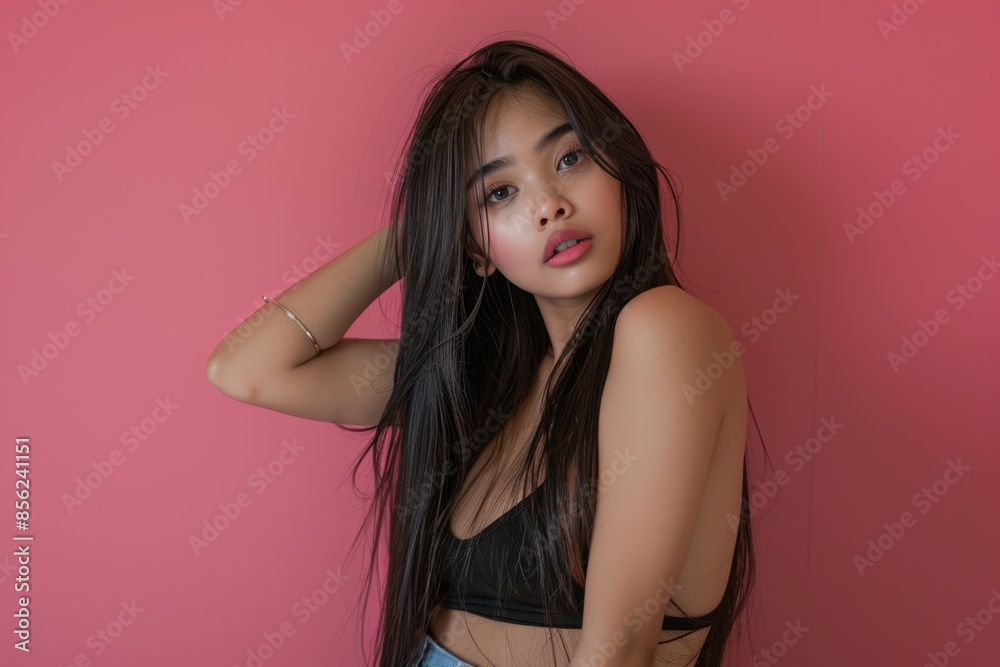 Young and cute beautiful black long hair woman pose with self confidence Young and cute beautiful black long hair woman pose with self confidence
