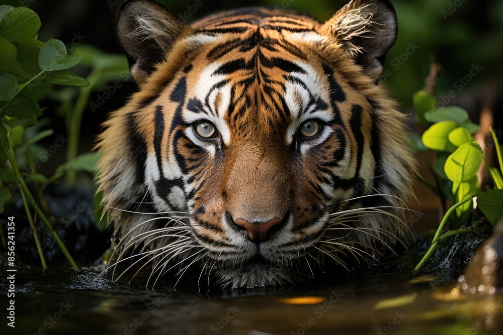 Majestic tiger emerges in the lush jungle., generative IA Majestic tiger emerges in the lush jungle., generative IA