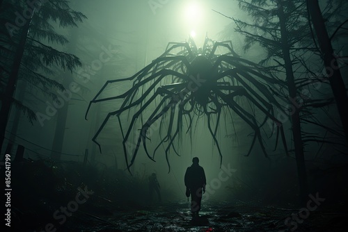 Giant spider weaves web in the mysterious clearing., generative IA