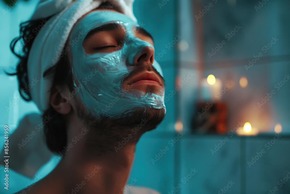 Man with facial mask and towel on head, relaxing in bathroom with candles Man with facial mask and towel on head, relaxing in bathroom with candles