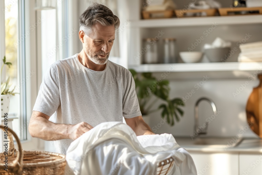 Mature man doing laundry at home in bright daylight, holding white cloth, looking down Mature man doing laundry at home in bright daylight, holding white cloth, looking down