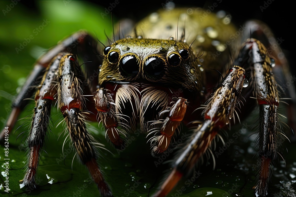 Fototapeta premium Weaver spider in web under the sun and dew., generative IA