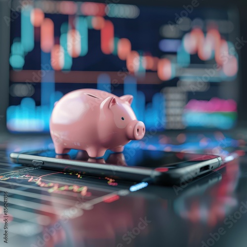 piggy bank on a smartphone screen with stock market graph
