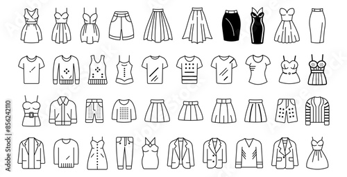 Various womens clothing line icons, outline style, on a white background. Fashion and apparel concept. Vector illustration