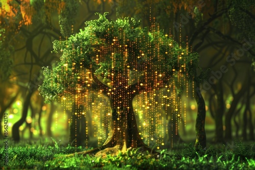 Digital tree with binary code lights in a forest