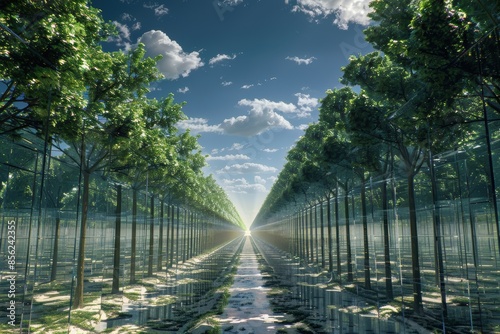 Trees reflecting infinitely in mirrored panels under a bright blue sky