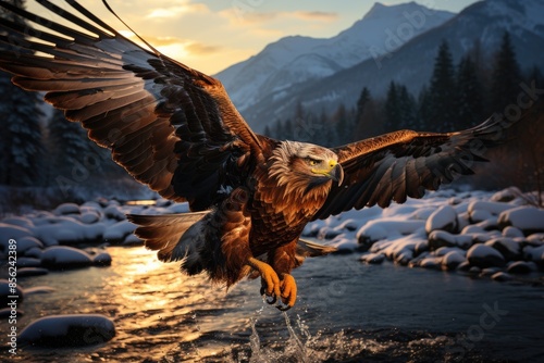 Majestic gold eagle fly over peaks and forest at dusk., generative IA photo