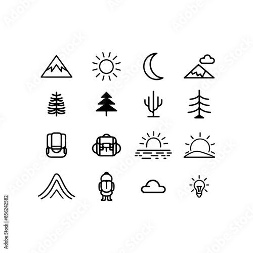 Outline set of mountain icons, black and white illustrations, hiking, trekking set